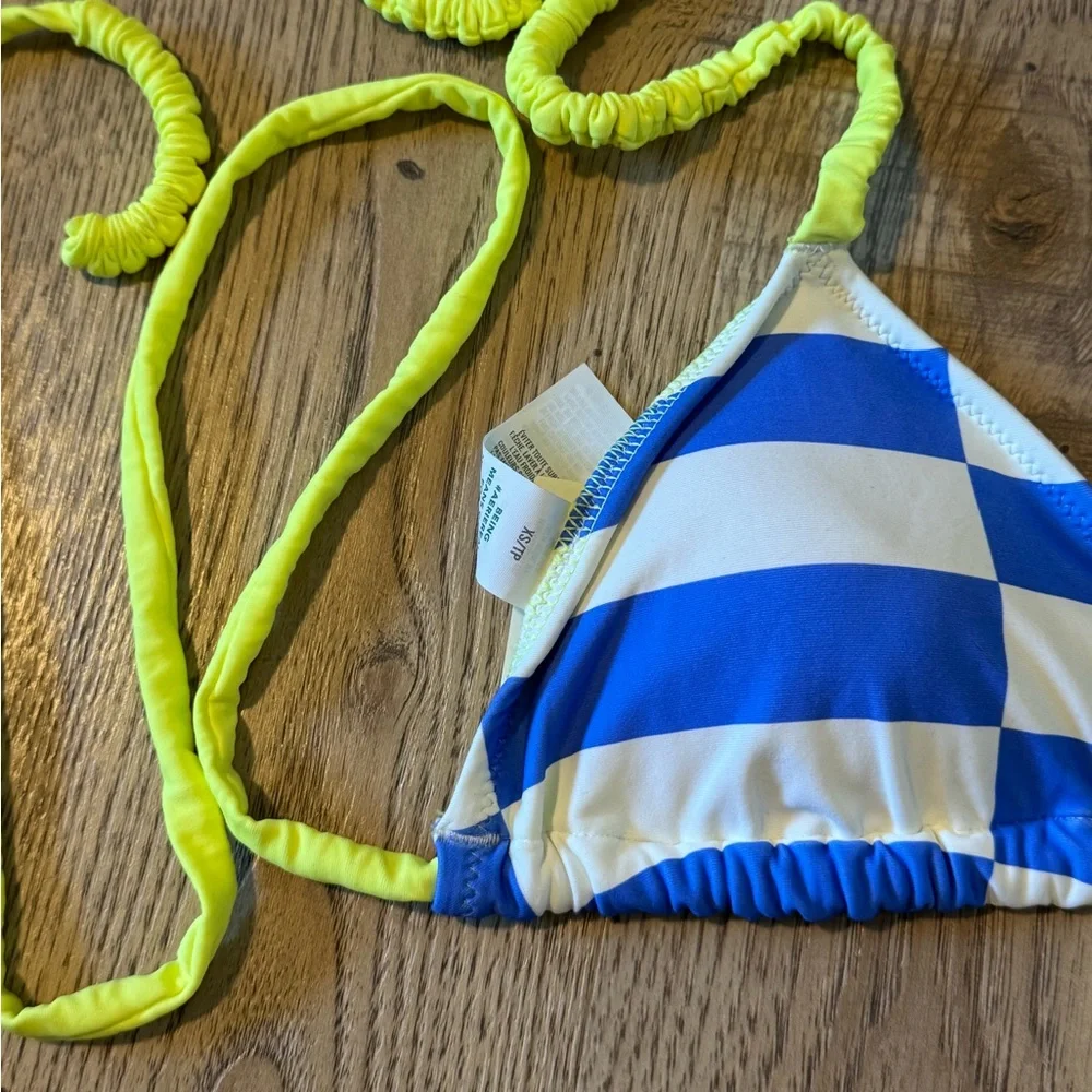 Aerie Real Good Checkered Triangle Bikini Top Blue White Neon XS NWT - Picture 6 of 7